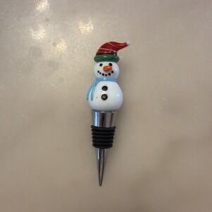 Snowman Wine Bottle Stopper Hand Blown Glass  Winter Snow Christmas Santa Hat